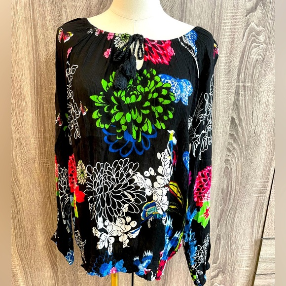 DESIGUAL Black & Floral Print Designer Blouse Longsleeve Flowy Top. Size M - Picture 1 of 12